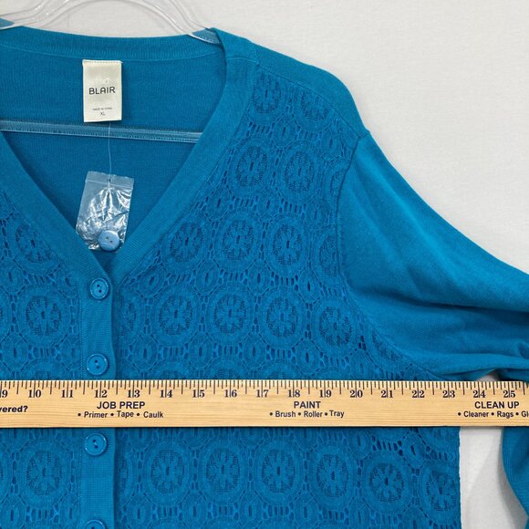 Blair size XL Blue Pattern Eyelet Knit Preppy Button Long Sleeve Cardigan - Picture 6 of 9